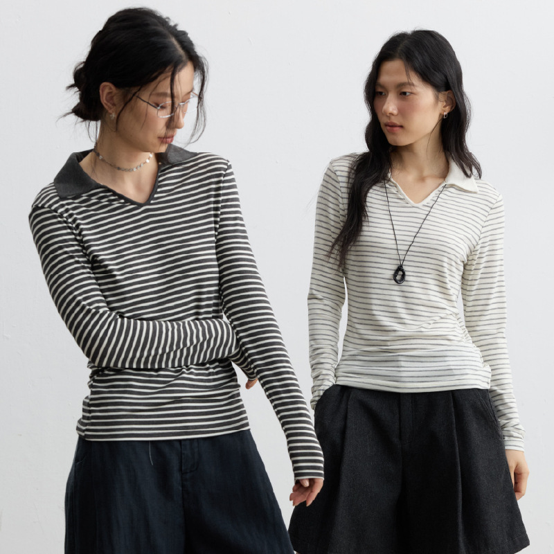 Aimido Tencel Acetate Wool Women's Long-Sleeve T-Shirt with a Stylish Collar Design, Striped, Skin-Friendly, Slim-Fit Knit Base Layer