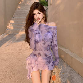 泡温泉紫色分体泳衣女夏季新款三件套比基尼性感钢托聚拢微胖女孩