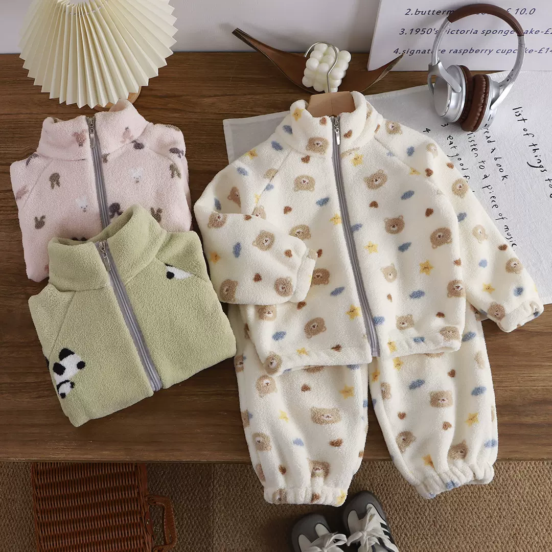 冬季新款加绒加厚儿童家居服男女童韩版保暖套装一件代发童装批发