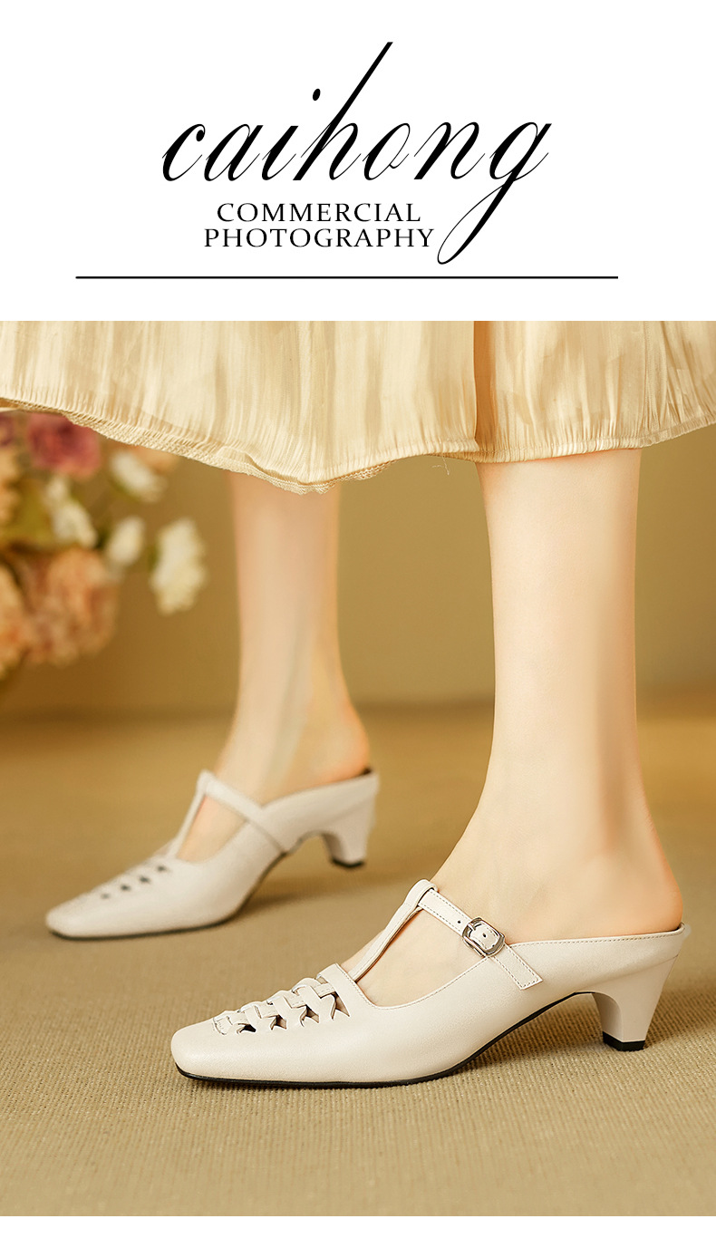 Sandal nữ gót thô 5 cm mũi vuông kiểu dệt vintage, quai chữ T bọc đầu — đen chi tiết 1