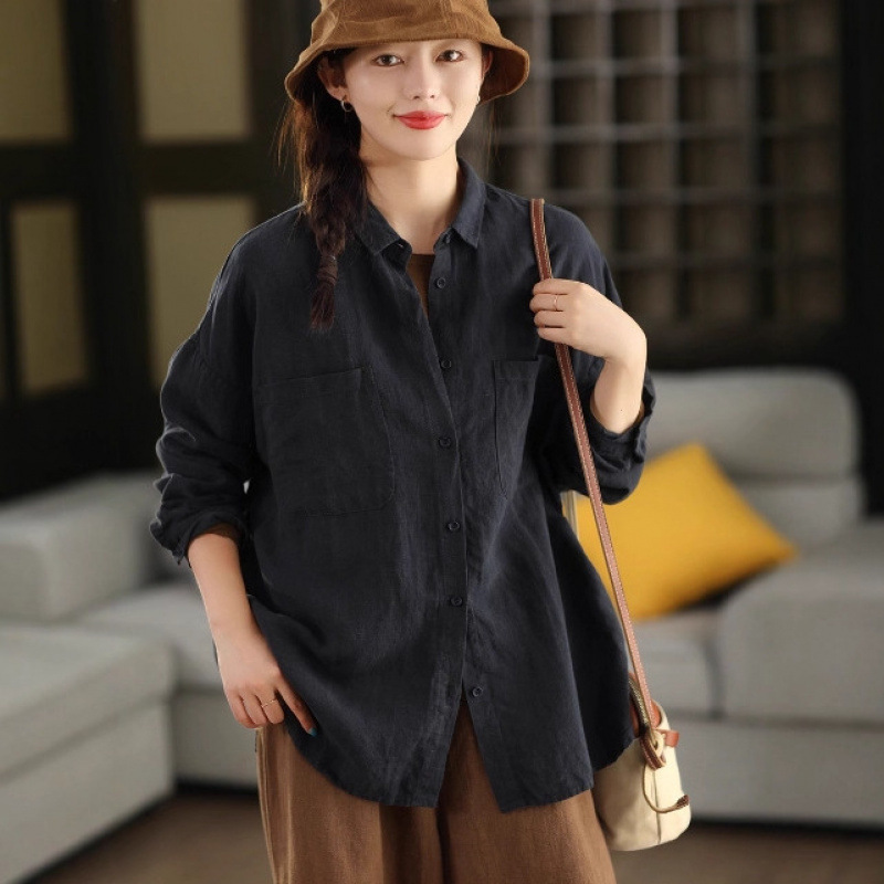 新品复古砂洗亚麻衬衫外套翻领长袖衬衣文艺秋款开衫上衣 女|undefined