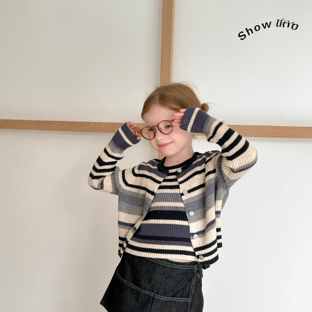 25年春季新款女童中童条纹针织背心开衫两件套时尚大牌毛衣外套