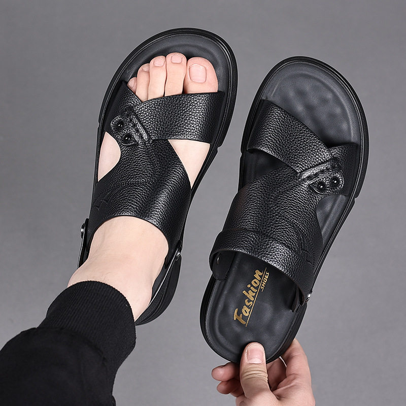 Dép sandal nam da bò thật hở ngón, quai ngang thoáng khí đi biển và dạo phố — 51226 Màu nâu, 51226 Màu đen