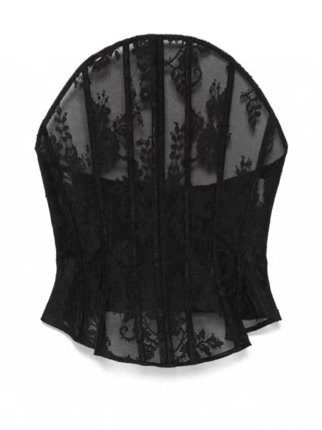 Negro gótico misterioso Jennie encaje duro hueso de pescado arco delgado blusa de pecho