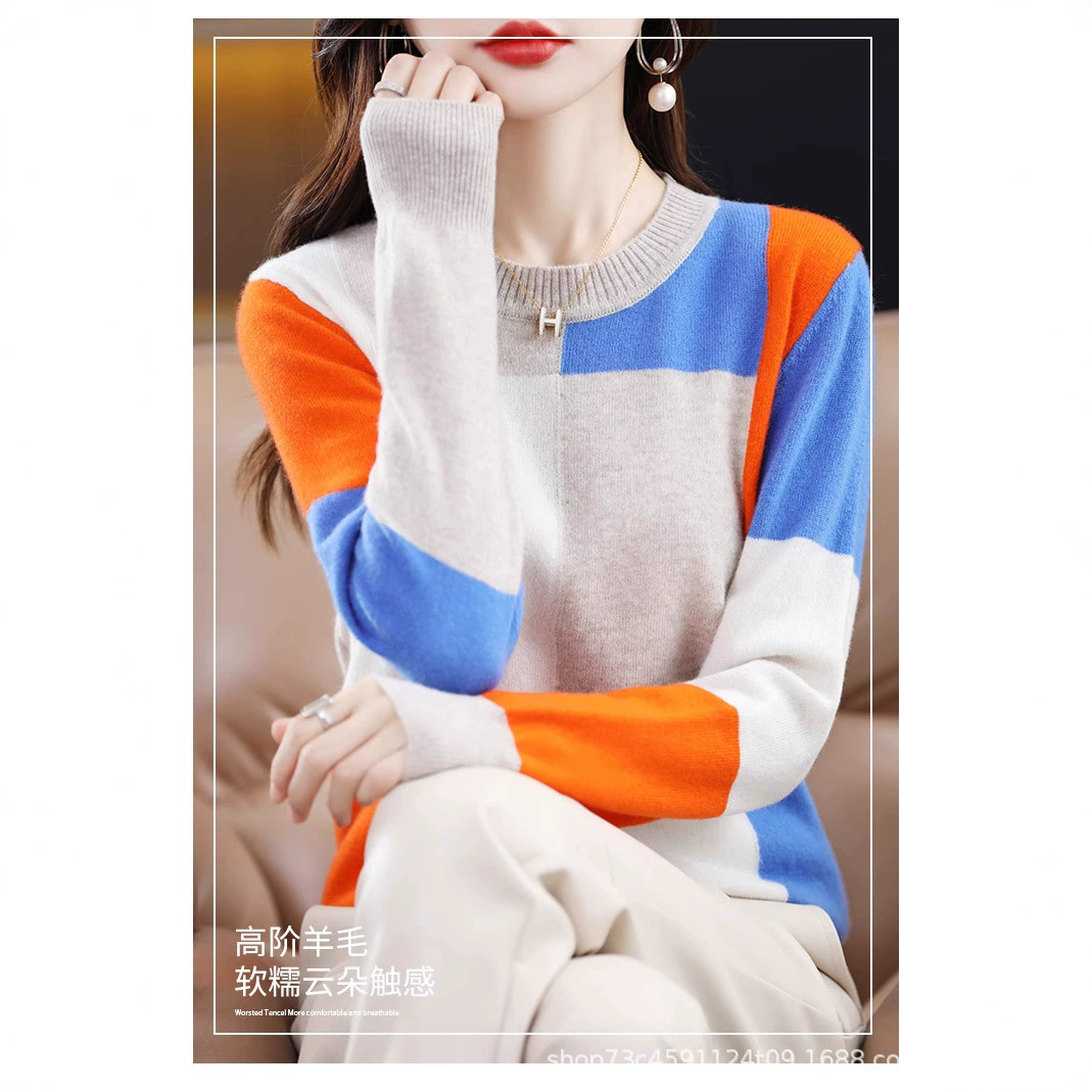 2024 осень и зима новый женский свитер с круглым вырезом чистый свитер ретро геометрический свитер женский вязаный нижний свитер