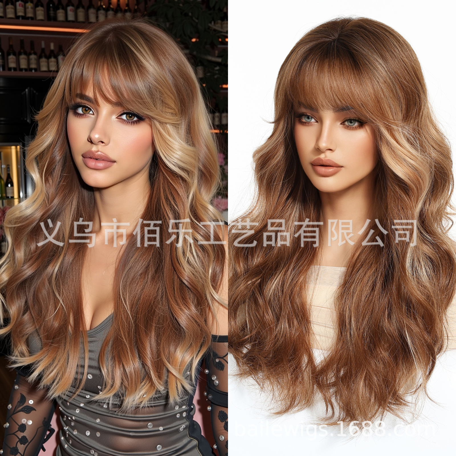 Pelucas de venta caliente europeas y americanas Qi flequillo marrón y rizado largo y rizado cubierta de cabeza completa fibra química wigs femenino spot al por mayor