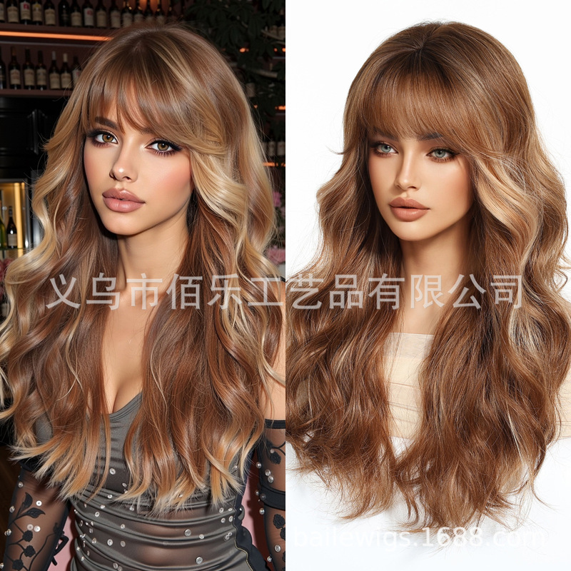 European and American Hot-Selling Wigs with Bangs, Brown Highlights, Long Curly Hair, Full Headgear, Chemical Fiber Women's Wigs, Ready for Sale