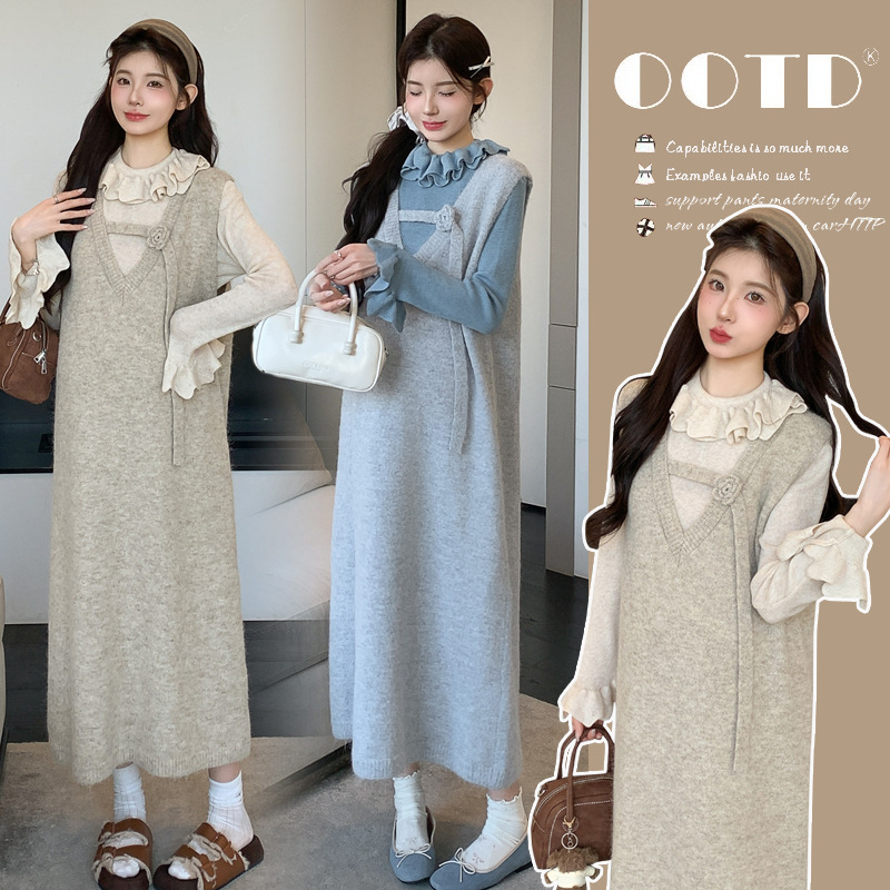Maternity Autumn and Winter Clothing Trendy Mom New Set Fashion High-End Vest Dress Winter Lace Top Two-Piece Set Maternity Autumn and Winter Clothing Trendy Mom New Set Fashion High-End Vest Dress Winter Lace Top Two-Piece Set