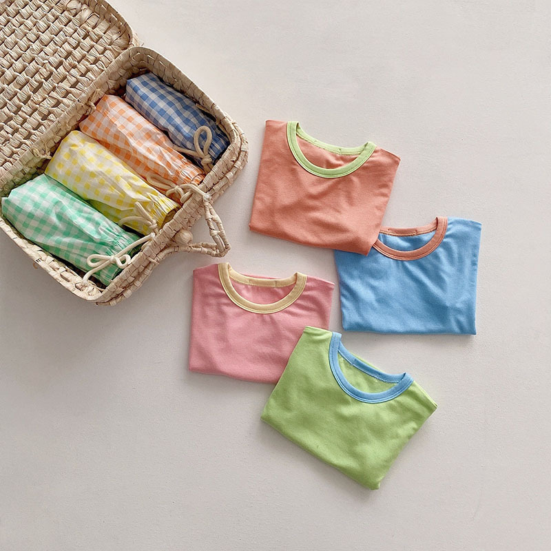 Traje de verano para niños estilo ins, conjunto de cuadros con contraste de colores, ropa de bebé unisex