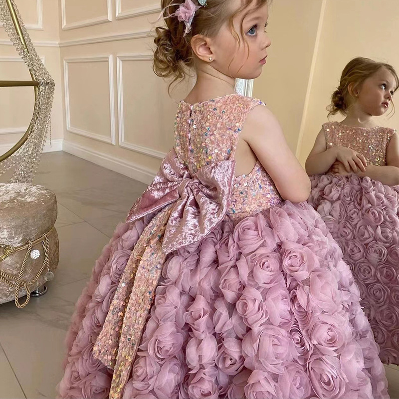 Vestido de un año de edad vestido de princesa elegante ropa para niños vestido de hadas de flores de Rosa 2024 nuevo vestido de niña de princesa de estilo occidental