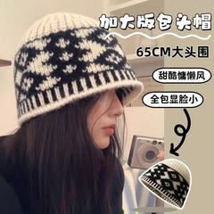 跨境批发格子毛线帽子女秋冬季小众设计感针织帽保暖防寒包头冷帽