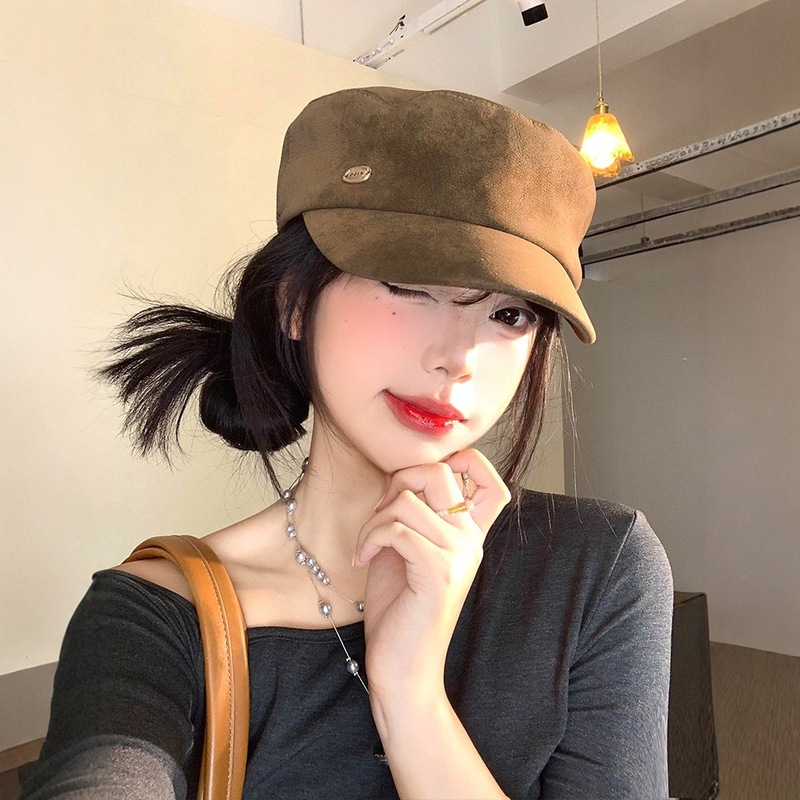 复古高级感麂皮绒鸭舌帽子女秋冬季英伦时尚马术帽气质潮搭报童帽|undefined