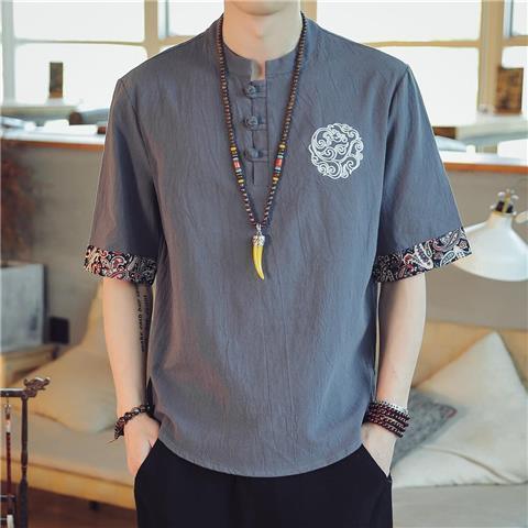 中国風tシャツ男性夏の薄いツル刺繍綿麻半袖tシャツ男ゆるい盤ボタン五分半袖男|undefined