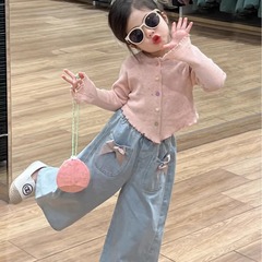 韓系童裝2024春季韓版女童套裝女寶寶粉色毛衣蝴蝶結闊腿褲牛仔褲