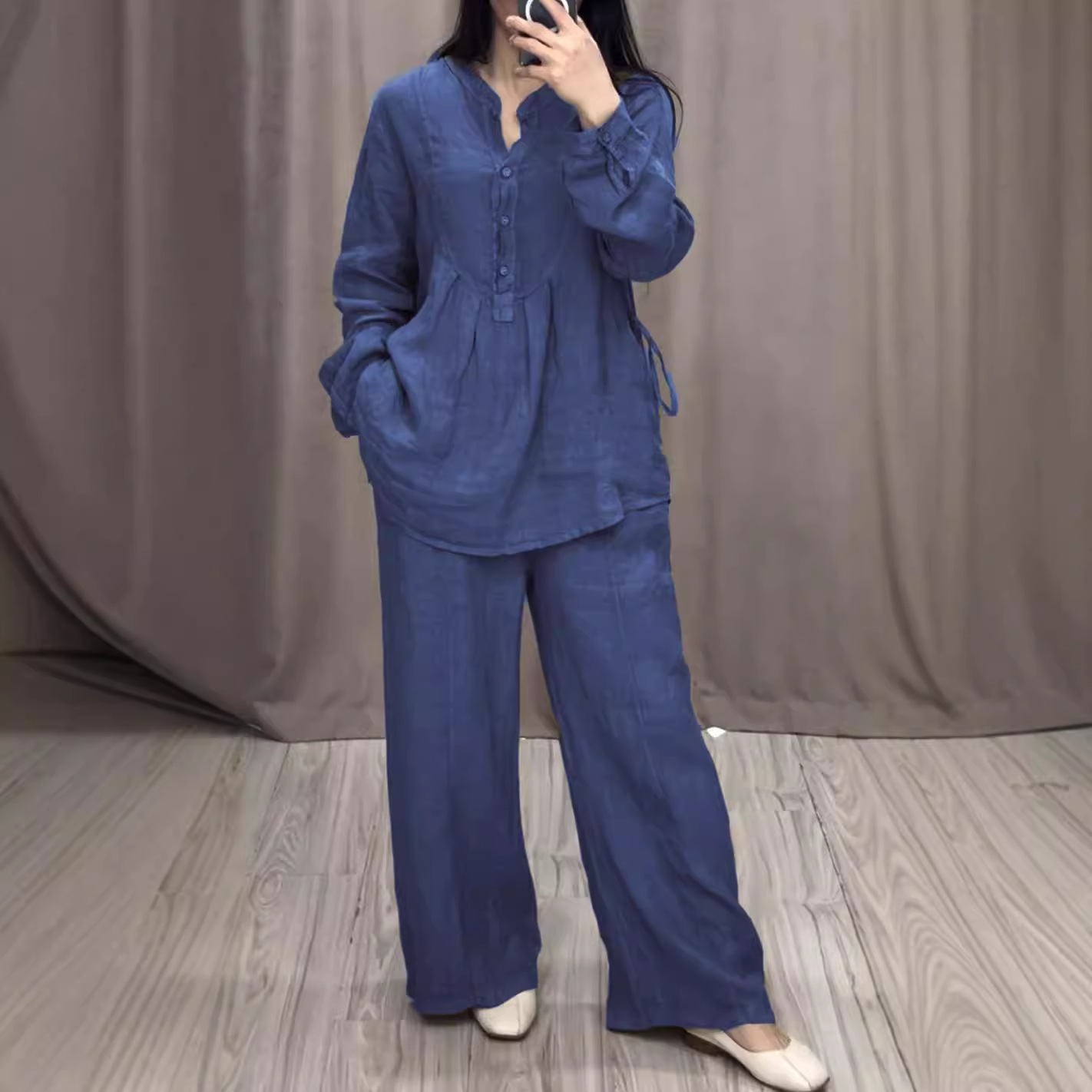 Women's Clothing Fashionable And Comfortable Women's Cotton Linen Suit Long Sleeved Half Open Casual Pleated Wide Leg Pants Autumn_ecoleips.com