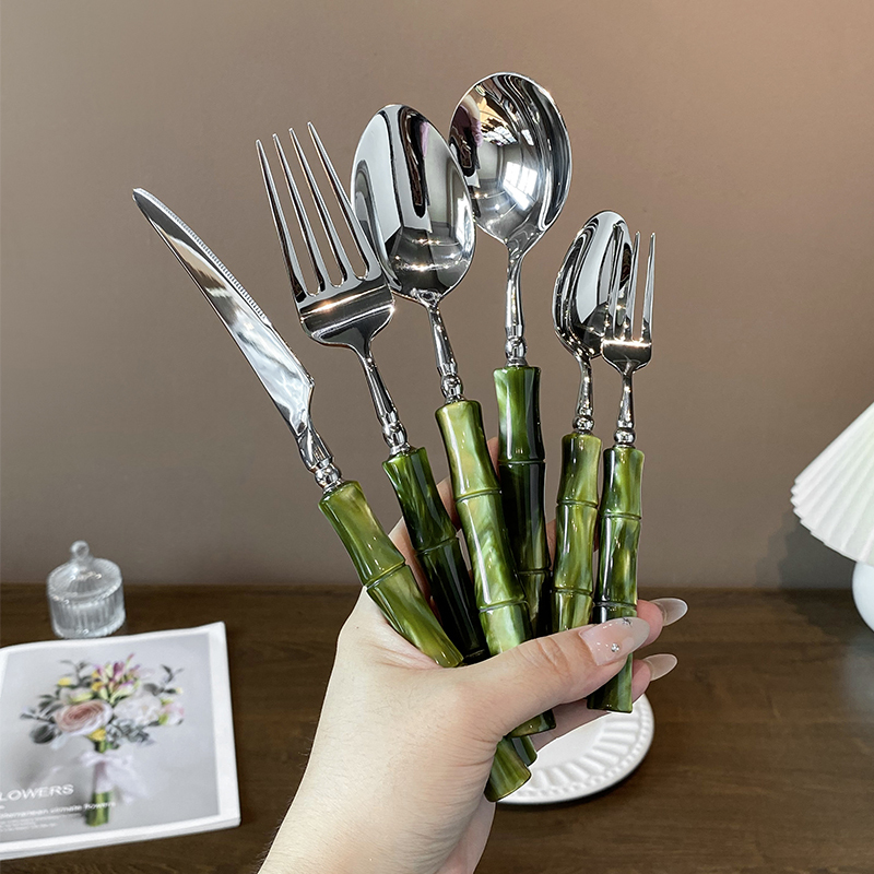 Stainless Steel Ins Light Luxury Retro Pearlescent Bamboo Handle Western-Style Knife, Fork, and Spoon Set