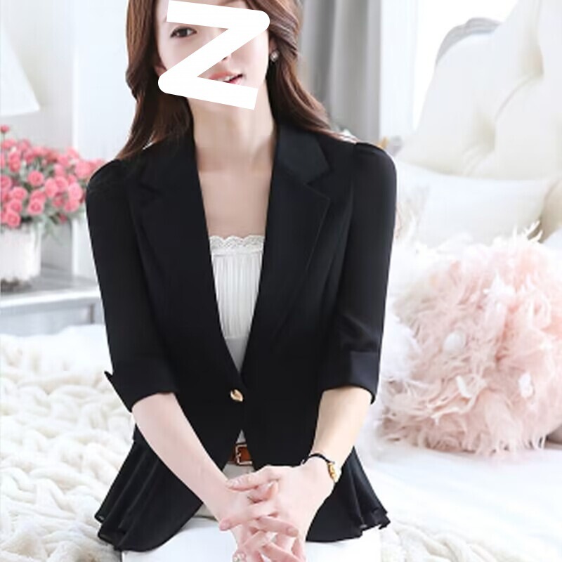 Spring, Autumn and Summer New Style Small Suit Jacket, Short Slim Fit One-Button Three-Quarter Sleeve Ruffled Chiffon Women's Thin Suit Spring, Autumn and Summer New Style Small Suit Jacket, Short Slim Fit One-Button Three-Quarter Sleeve Ruffled Chiffon Women's Thin Suit