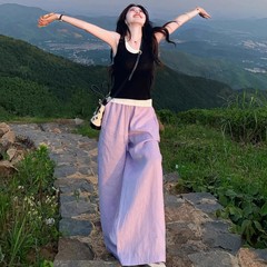 温柔风紫色亚麻感阔腿裤女夏季2025新款巨好穿休闲直筒凉凉空调裤