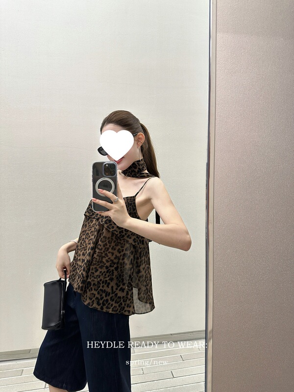 Leopard Print Stylish Slim-Fit Halter Neck Tie Strap Women's Summer Sexy Sleeveless Waist-Cinching Top Tank Top