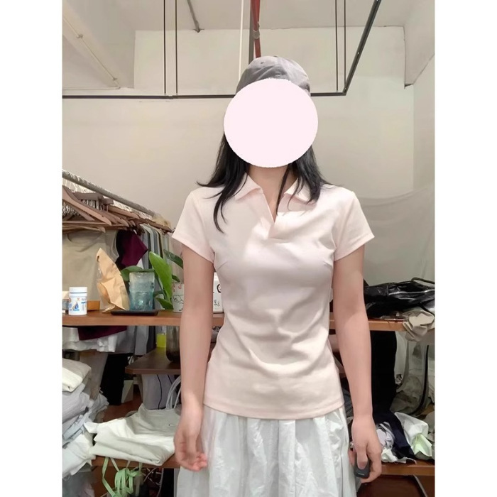 ピンクの右肩ポロシャツラペル半袖Tシャツレディース夏服2025新作スリムフィットトップ|undefined