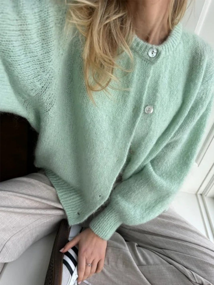 Áo cardigan len dệt kim dáng mỏng nhẹ cài nút một hàng, tay dài cổ tròn nữ — hoa hồng đỏ, màu be, màu cam, màu hoa cà chi tiết 3