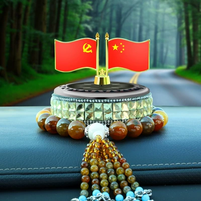 Rotary Ornaments Men's Car: Car ornaments - five-star-small-red-flag-yellow-diamond-solar-rotation-dragon-pattern-gear-beads