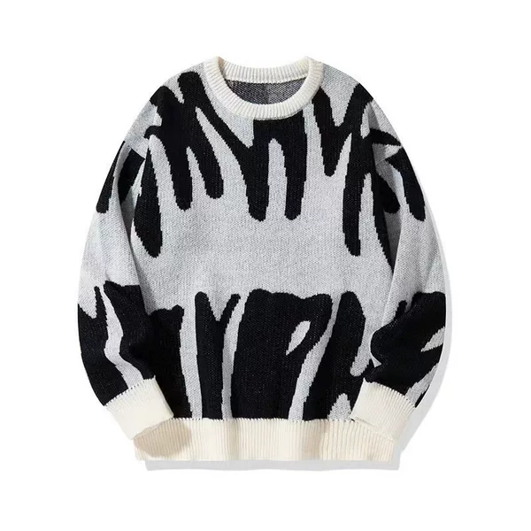 Men's New Autumn and Winter Trendy Style Personalized Round Neck Jacquard Sweater for Teenagers Black and White Jacquard Large Size Knitted Sweater
