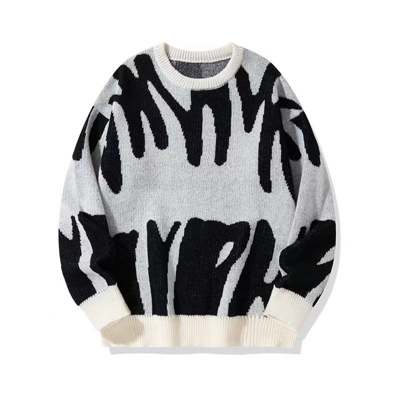 Men's New Autumn and Winter Trendy Style Personalized Round Neck Jacquard Sweater for Teenagers Black and White Jacquard Large Size Knitted Sweater
