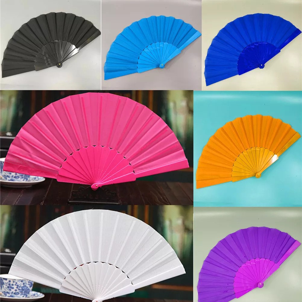Ventilador plegable de plástico multicolor en stock 13 colores opcionales de tela Oxford fácil de abrir y cerrar ventilador plegable de baile cuadrado