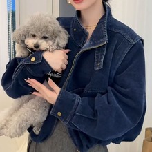 美式复古立领短款牛仔外套女2025新款休闲拉链工装夹克宽松上衣潮