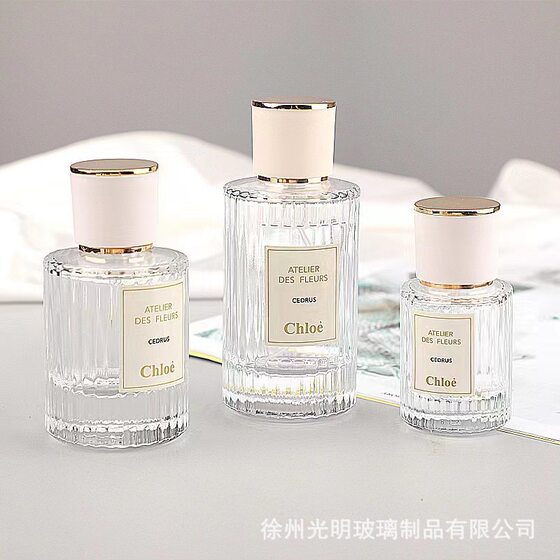 Factory direct 30ml perfume bottled cosmetics vertical pattern empty bottle 50ml portable press spray glass bottle