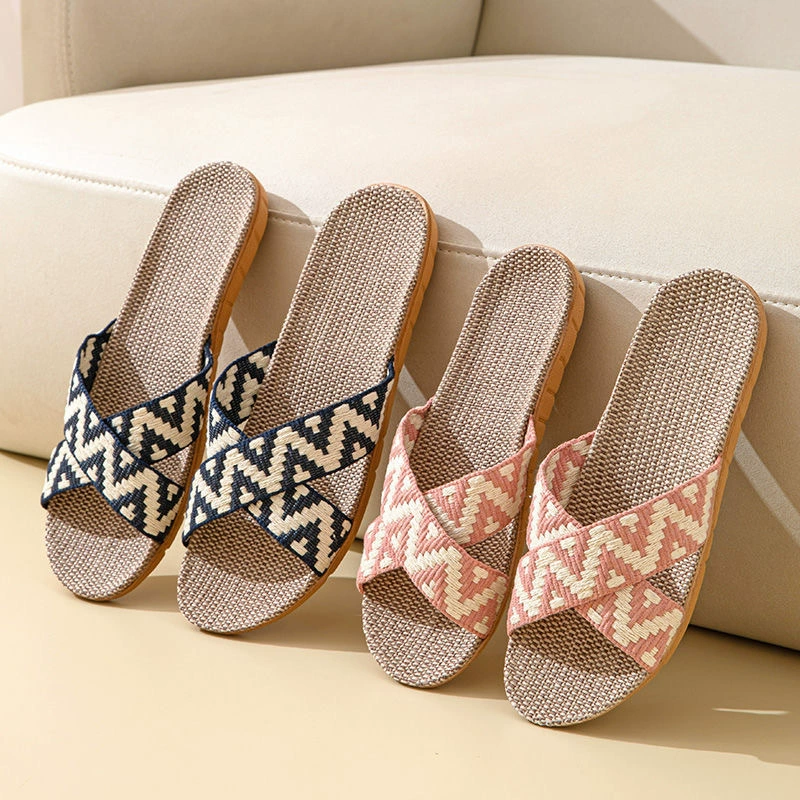 Весенне-летние новые домашние тапочки для пары из льна, кроссовки, нескользящие, удобные, для дома, на высоком каблуке, оптом для женщин