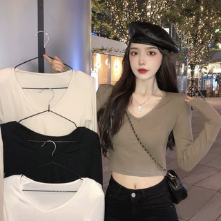 五笔蟹春夏短款修身露脐女深u领性感长袖t恤女纯色上衣女韩国女装