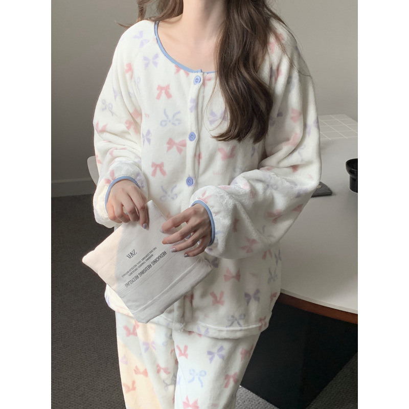 2025INS冬季双面绒甜美蝴蝶结印花撞色边家居服睡衣套装