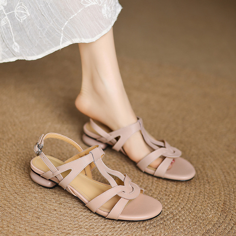 Sandal La Mã quai ngang kiểu dệt mùa hè, mũi tròn, gót dày — màu hồng, Màu trắng nhạt