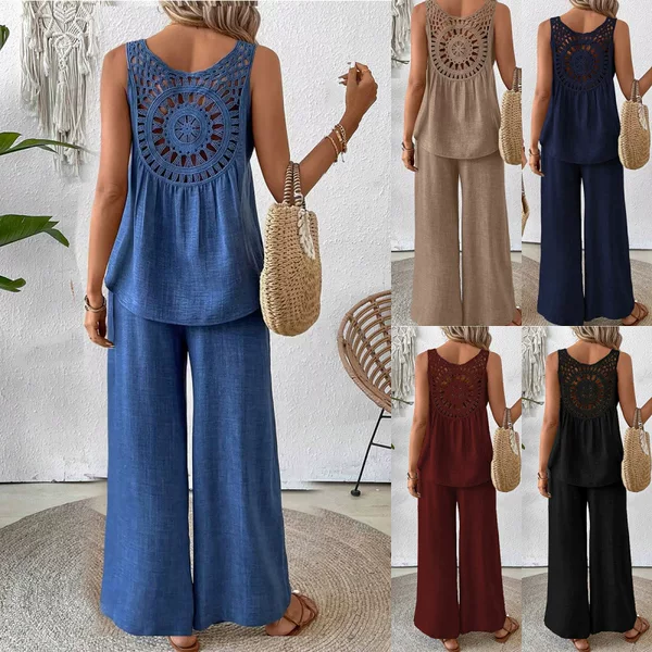 European and American Cross-Border Amazon Casual Fashion Stylish Aliexpress New Solid Color Backless Floral Set Trendy