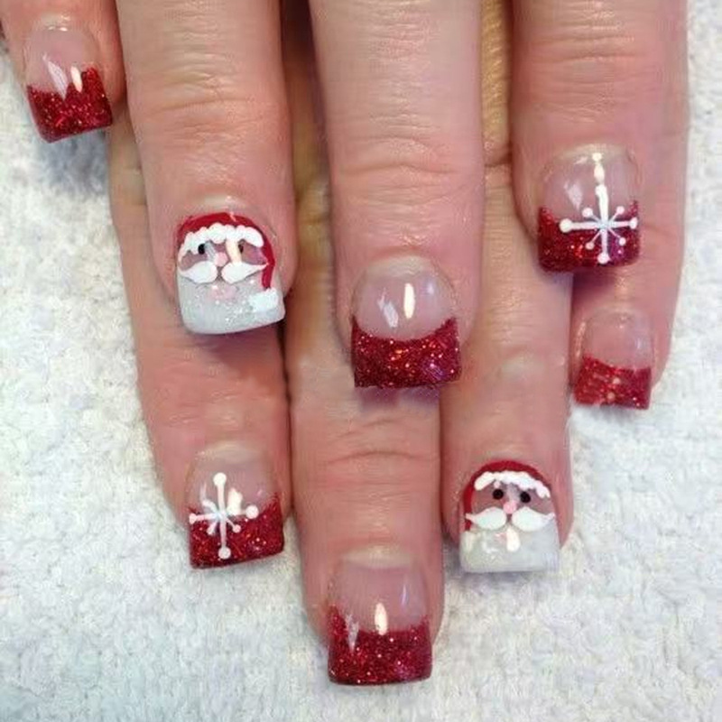 Christmas Cute Short Square Red and White Glitter French Santa Claus Snowflake Pattern Design Wearable Manicure Nails