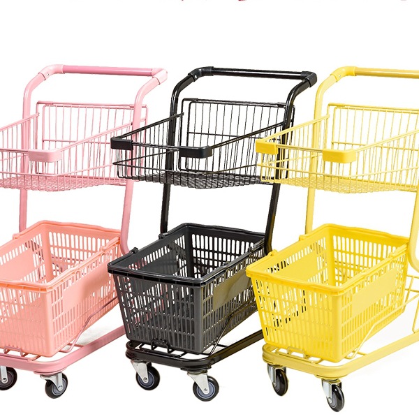 粉色双层超市购物车网红带篮便利店抓娃娃手推车摄影场景装饰推车
