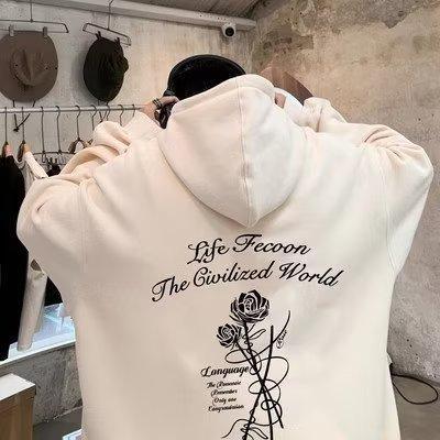 Primavera y otoño vino rojo americano retro Rosa impresión suéter con capucha niños Otoño e Invierno Polar-forrado moda marca abrigo pesado