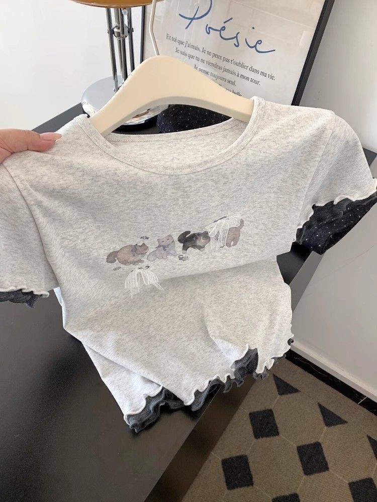 [210g 40 Count Pure Cotton] Cartoon Cat Lace Bow Short-Sleeved T-Shirt Women's New Summer Slim Top