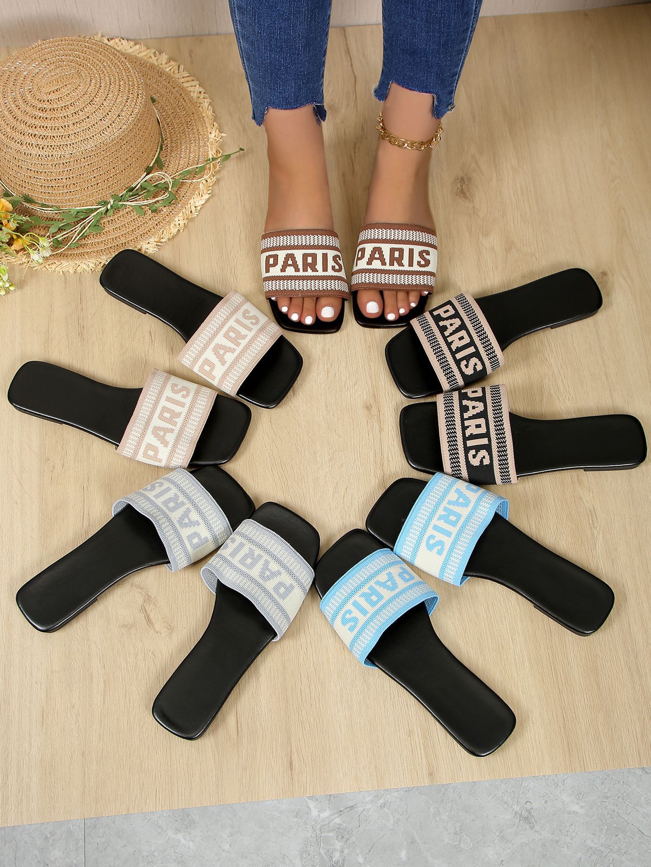 Plus Size Women's Flat Slippers, Casual Square Toe Slip On With Straps, Perfect For Wearing Outside._vogvips.com