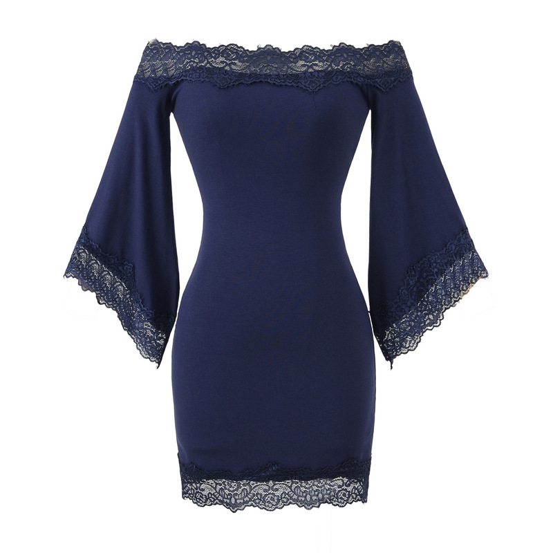 Sexy Lace One-Shoulder Dress for Women, High-Elastic Slim Fit, Bell Sleeves, Elegant Hip-Hugging Skirt, Hot Girl Short Skirt