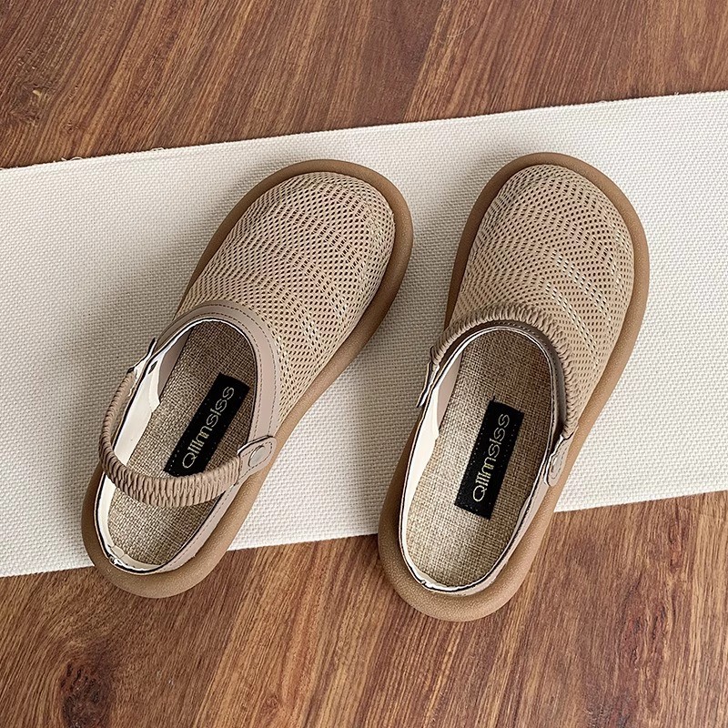 Sandalias de lino de verano para mujer, un zapato, dos medias pantuflas de suela suave, nuevo zapato de malla transpirable, un pedal