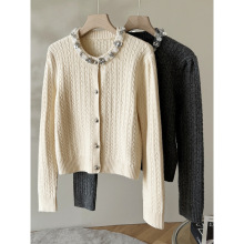 法式小香风气质绞花羊绒针织开衫手工钉珠亮片羊毛圆领毛衣