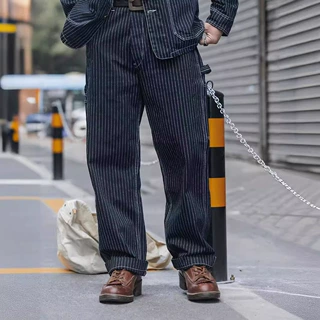 擎添工装丹宁美式复古蓝色牛仔裤男阿美咔叽直筒条纹铁路长裤春秋