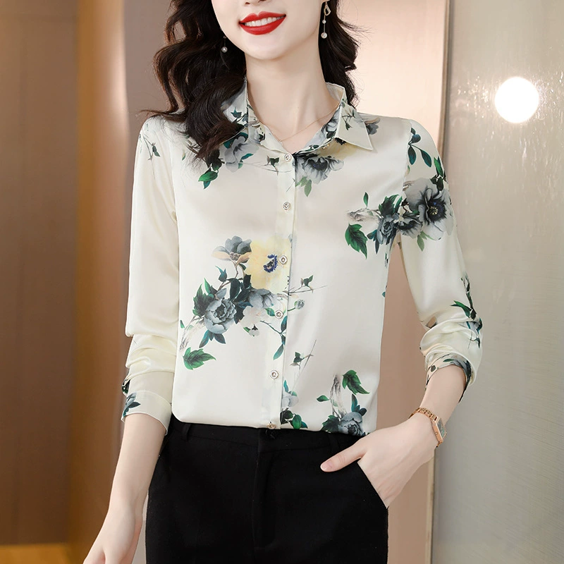 Настоящая рубашка из искусственного шелка, шелк тутового дерева, модная универсальная элегантная рубашка с длинными рукавами и лацканами 2024, весна и осень, Женская Новинка