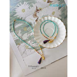 原创天然绿松石长款项链蜜蜡南红串珠毛衣链新中式葫芦吊坠挂链女