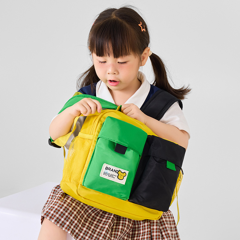 Jardín de infantes, mochila de niños de clase media y pequeña, caricatura, oso, color contrastante, empalme, mochila para niños, nueva mochila para niños