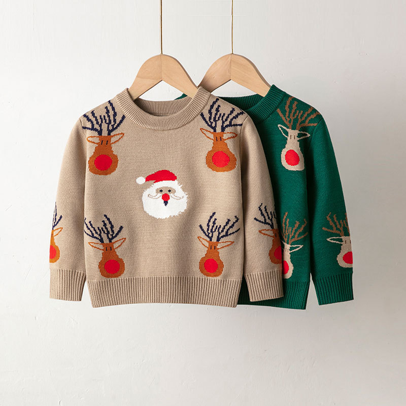 2023新款欧美童装儿童圣诞老人毛衣男女童宝宝秋冬套头打底针织衫