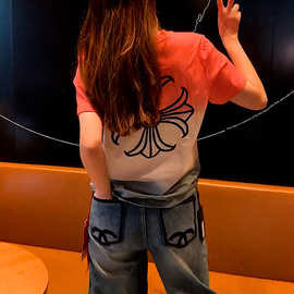 新款春夏季拼色短款上衣两件套女时髦减龄短袖牛仔裤休闲套装